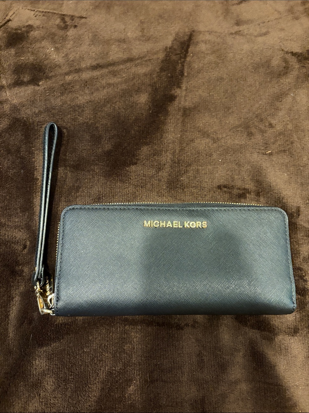 Michael Kors Black Saffino Leather Zip-Around Wallet with Gold Logo
